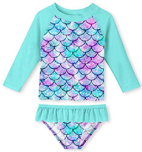 UNIFACO Toddler Girls Rashguard Set Long Sleeve 3D Fish Scale Casual Beach Swimsuit Tankini with UPF 50+ Sun Protection