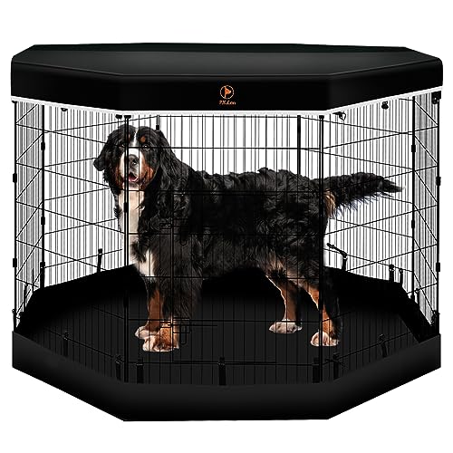 PJYuCien Dog Playpen - 8 Panels 42 inchH Metal Foldable Exercise Pen, Pet Fence Puppy Crate Kennel Indoor Outdoor with Top Cover & Bottom Pad for Medium Large Pets Black