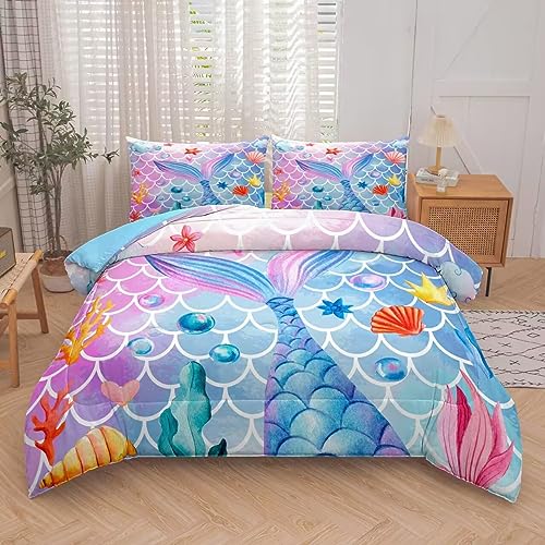 NINENINE Mermaid Bedding 5PCS Twin Size Glitter Comforter Set Princess Toddler Bedding Sets for Girls (1Comforter, 1Flat Sheet, 1Fitted Sheet, 2Pillowcases)…
