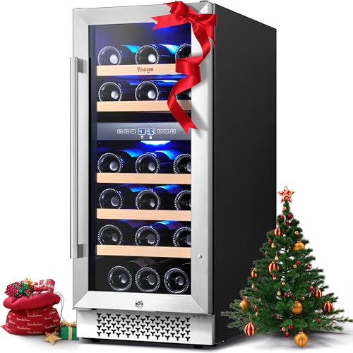 Yeego 15 Inch Wine Cooler, Dual Zone 28 Bottle Wine Cooler Refrigerator with Upgraded Compressor Fits Large Bottles Low Noise Reversible Tempered Glass Door Safety Lock,Built in or Freestanding