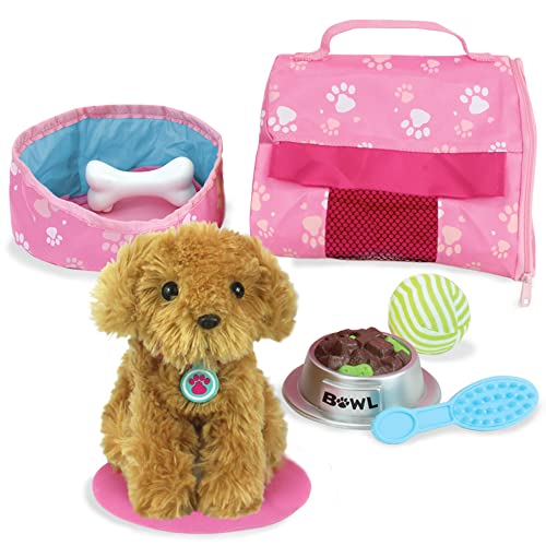 Sophia's Golden Plush Puppy Dog and Accessories Set with Leash, Food Bowl, Brush, Ball, Bone, Bed, Blanket, and Carrier Sized for 18' Dolls, Multicolor