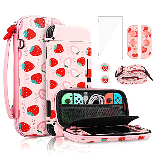 FANPL Pink Carry Case Bundle for Nintendo Switch, Cute Case Accessories Set for Switch with Hard Travel Case, Soft TPU cover, Adjustable Strap, Screen Protector, Thumb Grip Caps (Cute Pink Strawberry)