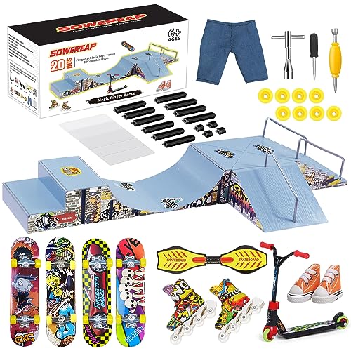 SOWEREAP Fingerboard Skate Park Kit, Skateboard Ramps with 20Pcs Mini Finger Toys Set Including Fingerboards, Finger Pant, Scooters, Finger Skateshoes, Skateboard Toys Gift for Kids