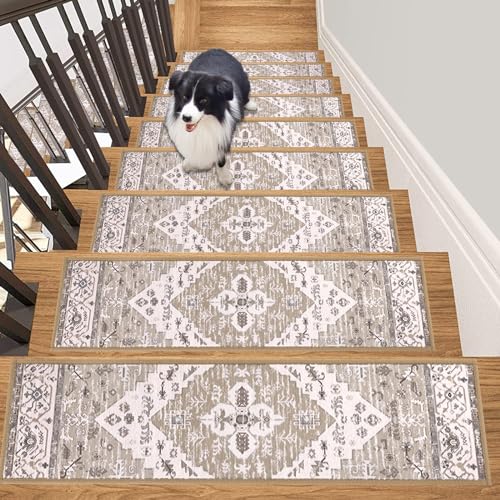 HEBE Carpet Stair Treads for Wooden Steps Indoor 15 Pack 8' X 30' Non Slip Self Adhesive Stairway Carpet Reusable Staircase Step Treads Edging Stair Rugs Runner for Kids and Pets
