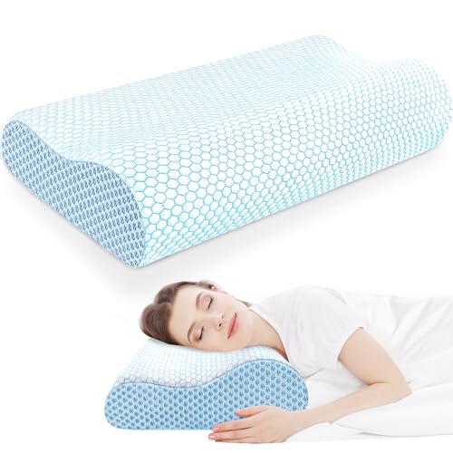 CloudBliss Memory Foam Pillow, Ergonomic Neck Contour Cervical Pillow for Neck and Shoulder Pain, Orthopedic Pillow for Neck Pain Relief, for Sleeping Side, Back, Stomach Sleepers - Blue, Standard