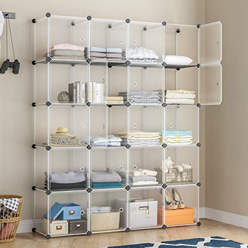 KOUSI Portable Storage Cubes-14 x14 Cube (20 Cubes)-More Stable (add Metal Panel) Cube Shelves with Doors, Modular Bookshelf Units，Clothes Storage Shelves，Room Organizer for Cubby Cube