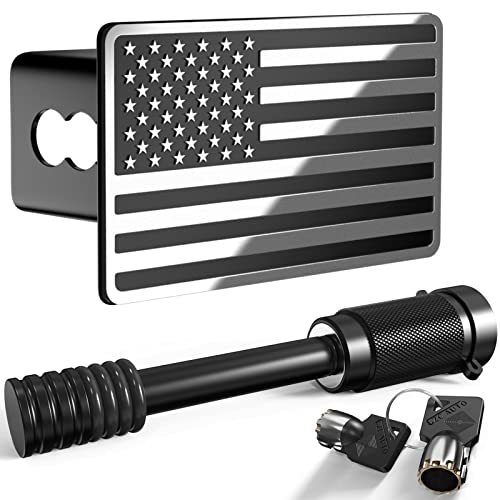 TOEASYTY Heavy American Flag Metal Trailer Hitch Covers for 2 inch Receivers,Tow Hitch Covers 2 Inch for Truck Accessories (with 5/8-Inch Pin Diameter Trailer Hitch Lock,Chrome Line)
