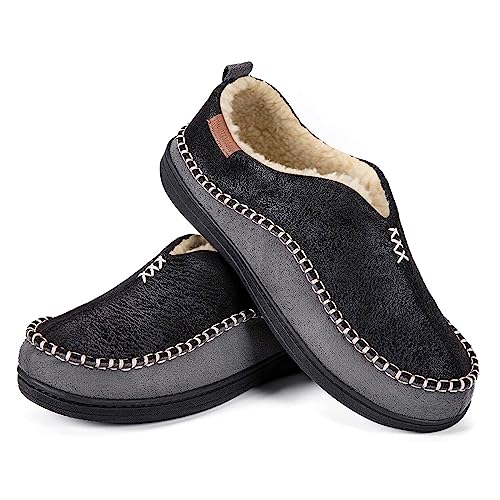 EverFoams Men's Moccasin Slippers Memory Foam Indoor/Outdoor Warm Suede House Shoes with Fuzzy Sherpa Lining (Black, Size 10 M US)