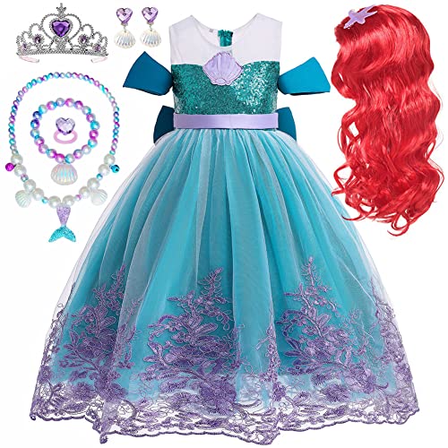 Princess Little Mermaid Costume for Girls Mermaid Wig Princess Ariel Cosplay Dress Up for Birthday Party Halloween Costume (130(5-6T))