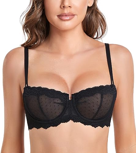 DotVol Women's Push Up Unlined Lace Sheer Underwire Multiway Everyday Bra(Black,38C)