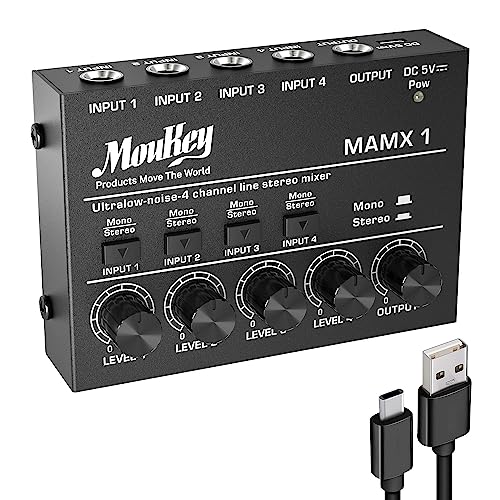 Moukey Mini Audio Mixer Line Mixer, DC 5V, 4-Stereo Ultra, Low-Noise 4-Channel for Sub-Mixing, for Small Clubs or Bars, As Guitars, Bass, Keyboards Mixer, 2021 New Version-MAMX1