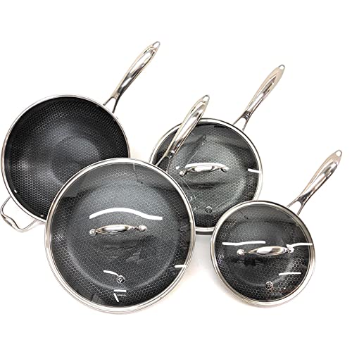 HexClad 7-Piece Hybrid Stainless Steel Cookware Set with Lids and Wok - Metal Utensil and Dishwasher Safe, Induction Ready, Easy to Clean Non Stick Fry Pan with Covers