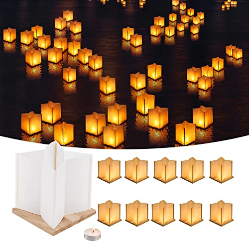 FuHigh 10Pack 6”Paper Floating Candle Lantern,Wooden Water Lanterns with Candles,Outdoor Patio Decor for Pool Parties,Wedding,Memorials,Garden (10Lanterns with Candles)