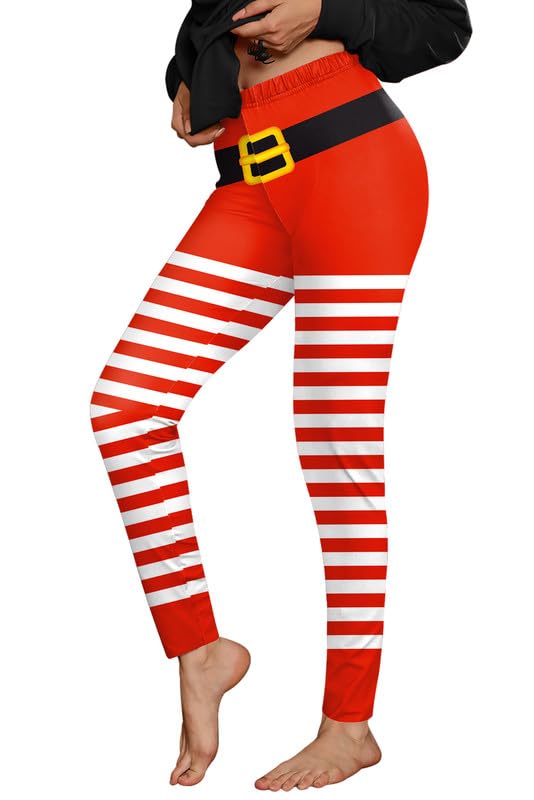 For G and PL Christmas Women's 3D Print Ugly Leggings Holidays High Waisted Striped Funny Tights Red & White Stripes XL