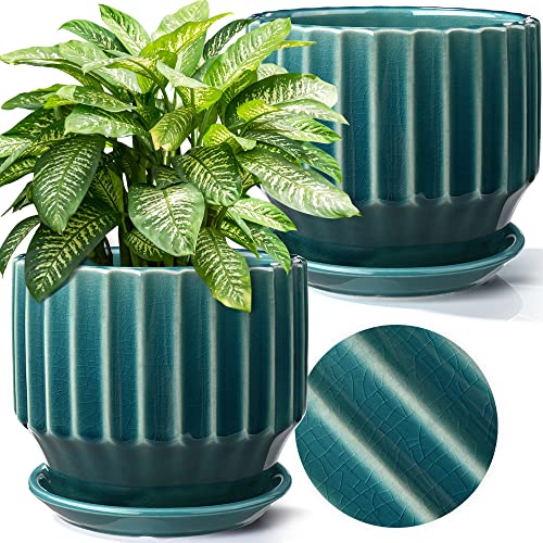 AISBUGUR Plant Pots 6 inch Ceramic for Indoor Plants Set of 2 Flower Unique Crackle Glaze Design with Drainage Hole and Saucer Come Nets (Aqua Green)