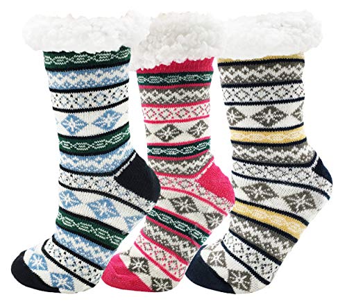 Fluffy Thermal Sherpa Socks, 3 Pairs for Women, Ultra Soft Slipper Christmas Winter Non Skid (Fair Isle B)