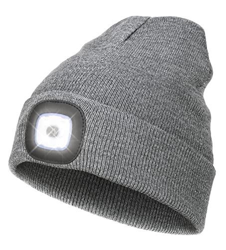 LED Beanie with Light,Unisex USB Rechargeable Hands Free 4 LED Headlamp Cap Winter Knitted Night Lighted Hat Flashlight Women Men Gifts for Dad Him Husband (Grey)