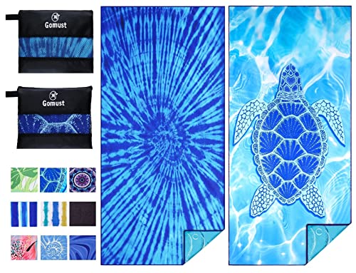 2 Pack Lightweight Thin Beach Towel Oversized 71'x32' Big Extra Large Microfiber Sand Free Towels for Adult Quick Dry Travel Camping Beach Accessories Vacation Essential Gift Blue Tie Dye Turtle