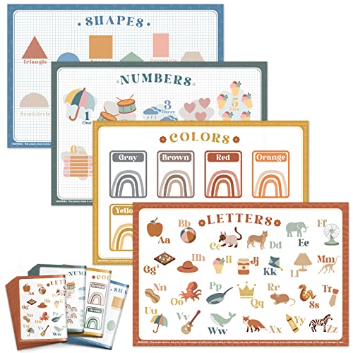 Babebay Disposable Placemats for Baby, 40 Pack Sticky Toddler Placemat for Restaurants, Dining Table, Party, Travel, 12' x 18' Placemats with 4 Designs, Fun and Learning Placemats for Kids