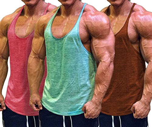 Muscle Cmdr Men's 3 Pack Stringer Tank Tops Bodybuilding Y-Back T-Shirts Gym Fitness Workout Training Running T-Shirts Athletic Quick Dry Top (Pink/Brown/Green/L)