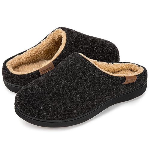 VeraCosy Men's Fuzzy Faux Sherpa Lined Memory Foam Slippers, Slip on Warm House Shoes for Indoor Outdoor Black, 11-12 US