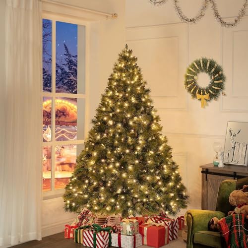 Vail 4.5ft Prelit Artificial Christmas Tree with Pine Cones, Foot Pedal, 561 Branch Tips, 300 Warm Lights and Metal Stand, 38' Wide Realistic Traditional Christmas Tree with Lights by Naomi Home
