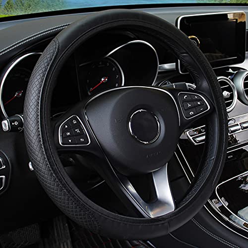 Leather Car Steering Wheel Cover for Men Women, Elastic, Breathable Anti-Slip, Universal 15 inch, (Black1)