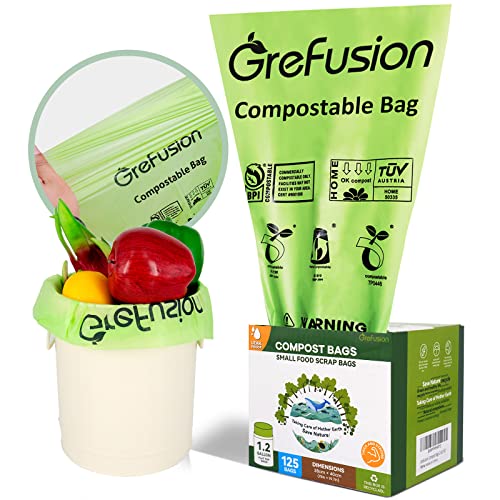 GreFusion Compostable Bags for Kitchen Compost Bin, 1.2 Gallon, 125 Count, Certified by BPI and ASTM, Leakproof and Odor Control