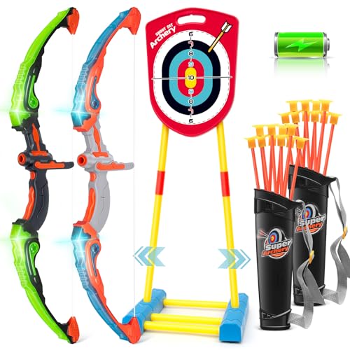 Bow and Arrow for Kids 6-8 8-12, [2023 New] Archery Toy Set for Kids 6+ with Standing Target - Rechargeable/2 Light Up Bows/20 Arrows, Toys for Kids 4-6 7 8 9 10-12 Boys Girls Christmas Birthday Gifts