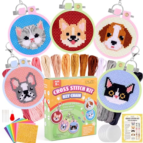 Caydo 5 PCS Cross Stitch Kits for Kids with Cats and Dogs Patterns Stamped Cross Stitch Kits for Beginners DIY Key Chain, Backpack Charms, Craft Ornaments
