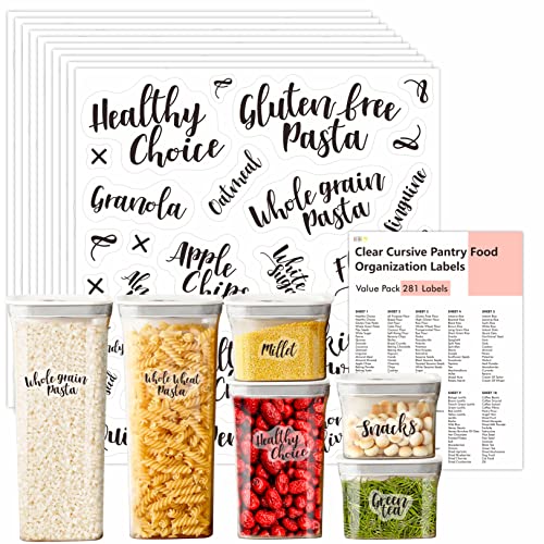 Hebayy 281 PCS Clear Cursive Pantry Labels Set Water Resistant with Customizable Stickers for Food Containers, Jars