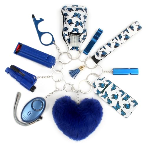Zesirmay Keychain Set for Women with Alarm, Pom Pom, Whistle, Gifts for Girls, Friends, Women, Mom and Daughter (Cool-Blue)