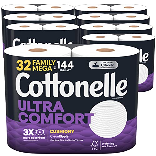 Cottonelle Ultra Comfort Toilet Paper with Cushiony CleaningRipples, 2-Ply, 32 Family Mega Rolls (8 Packs of 4) (32 Family Mega Rolls = 144 Regular Rolls), 325 Sheets per Roll, Packaging May Vary