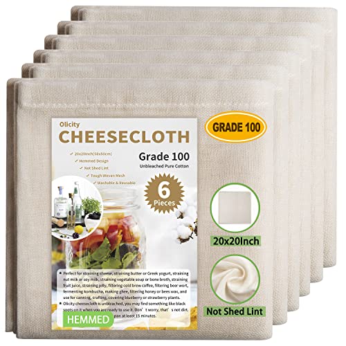 Olicity Cheese Cloths, 6PCS, Grade 100,20x20Inch Hemmed Cheese Cloth Fabric Reusable Fine Mesh Cloth Strainer, 100% Cotton Unbleached Precut Muslin Cheesecloth for Straining, Cooking, Yogurt, Juicing