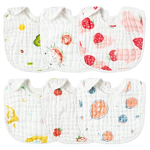 Zainpe 6Pcs Snap Muslin Cotton Baby Bibs Strawberry Lemon Avocado Pattern Infants Feeding Bib Adjustable Machine Washable Unisex Burp Cloths with 6 Absorbent & Soft Layers for Drooling and Teething