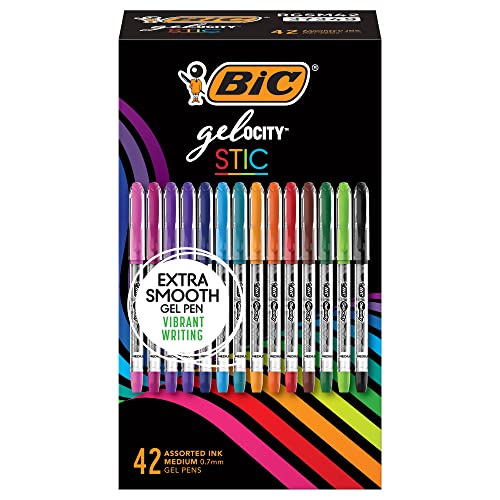 BIC Gel-ocity Gel Stic Assorted Colors Gel Pen Set (RGSM42-AST), Medium Point (0.7mm), 42-Count Pack, Colorful Gel Pens for Journaling and Lists