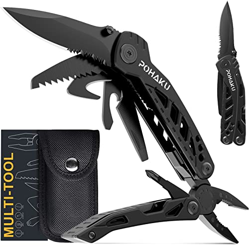 Multitool Knife, Pohaku 13 in 1 Pocket Multitool, Multi Tool with 3' Large Blade, Safety Locking Design, Spring-Action Plier, Durable Nylon Sheath for Outdoor, Camping, Fishing, Survival,Hiking