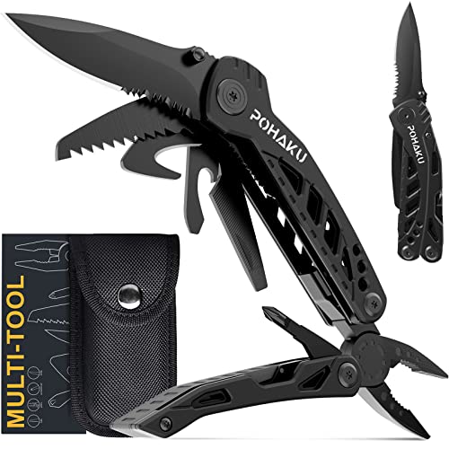 Pohaku Multitool Knife, Pohaku 13 in 1 Pocket Multitool, Multi Tool with 3' Large Blade, Safety Locking Design, Spring-Action Plier, Durable Nylon Sheath for Outdoor, Camping, Fishing, Survival,Hiking