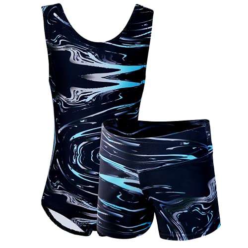 Dancina Set Girls Gymnastics Outfit Leotard and Shorts Size 10 Black Blue