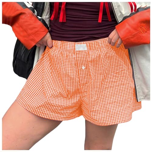 BJUTIR Women Y2K Plaid Shorts Elastic Waisted Gingham Pajama Shorts Plaid Boxers Shorts Lounge Sleep Shorts Bottoms Orange Gifts For Coworkers