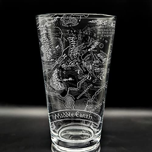 MAP OF MIDDLE EARTH Engraved 16oz Pint Glass | Inspired by Tolkien, Hobbits, & Middle Earth | Great Christmas Gift Idea | Unique Elvish Hobbit Wizard Fantasy Decor!
