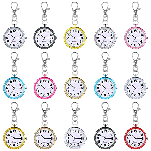 15 Pieces Quartz Nurse Pocket Watch Round Doctor Brooch Fob Watch with Key Buckle Hanging Nurse Watch Clip on Doctors Nurses Unisex Outdoor Activities