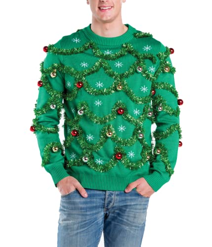 Tipsy Elves Men's Gaudy Garland Sweater - Tacky Christmas Sweater w/Ornaments (X-Large) Green