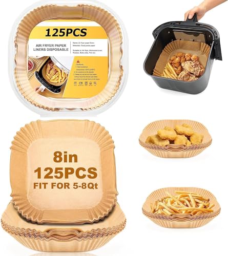 Air Fryer Disposable Paper Liners - 125Pcs 8In Square Parchment Paper Non-Stick Airfryer Basket Liners for Steamer Microwave Oven1