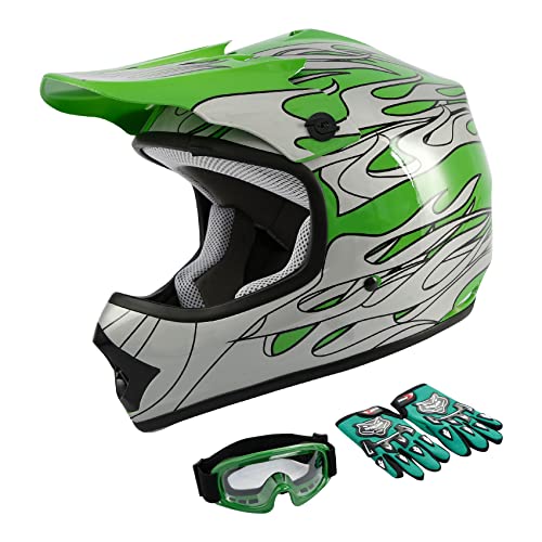 TCMT Dot Youth & Kids Motocross Offroad Street Helmet Green Flame Motorcycle Youth Helmet Dirt Bike Motocross ATV Helmet+Goggles+Gloves