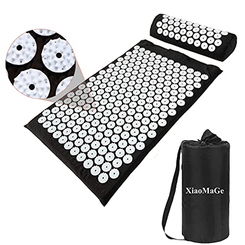 XiaoMaGe Acupressure Mat and Pillow Set with Bag - Large Size 28.7 X 16.5 inch Acupuncture Mat for Neck & Back Pain, Muscle Relaxation Stress Relief, Sciatica Pain Relief Pillow (Black)