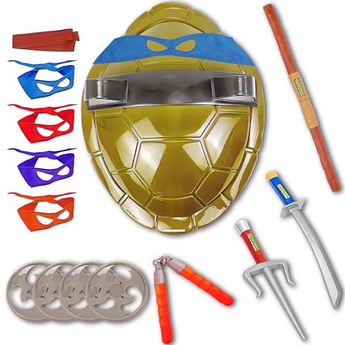 Turtle Shell for Kids Role Playing Cartoon Halloween Costume Party, Turtle Shell Costume with Toys, Turtle Shell Backpack with Weapon Prop Mask, Carnival Halloween Birthday Party Favors for Boys Girls
