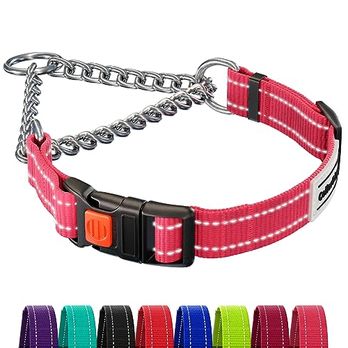 CollarDirect Martingale Dog Collar with Stainless Steel Chain and Quick Release Buckle - Reflective Collar for Large, Medium, Small Dogs - Pink, Medium (Neck Size 14'-17')