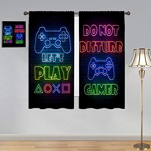 GY Gamepad Gamer Curtains, Black Out Curtains Video Games Controller Neon Sign Design Energy Efficiency Curtains Bedroom Blackout Curtains 42x45 Inch