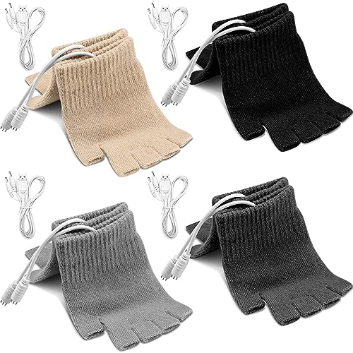 Liitrsh 4 Pairs USB Heated Gloves for Men and Women Fingerless Heating Knitting Hands Warmer Powered Stripes Heating Pattern Half Hand Warmers Washable Knitting for Typing Work Winter Gift